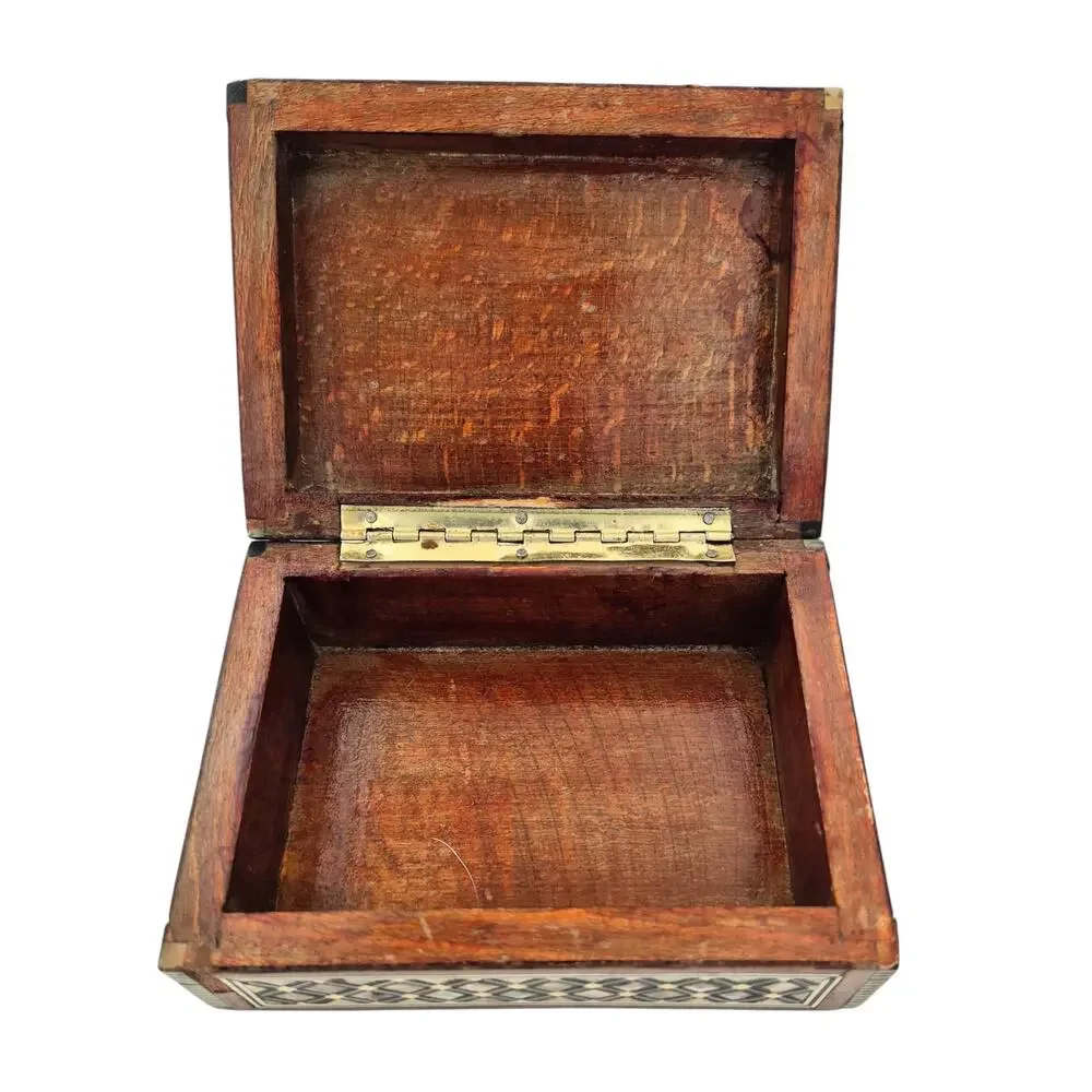 Vintage Wood & Mother of Pearl Inlaid Mosaic Box Trinket Jewelry Catchall Small